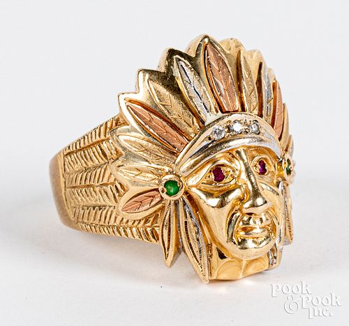 14K gold and precious stone Indian Head ring