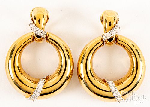 Pair of 18KP gold and diamond earrings, 10.3dwt.