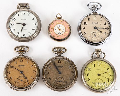 Six assorted pocket watches.