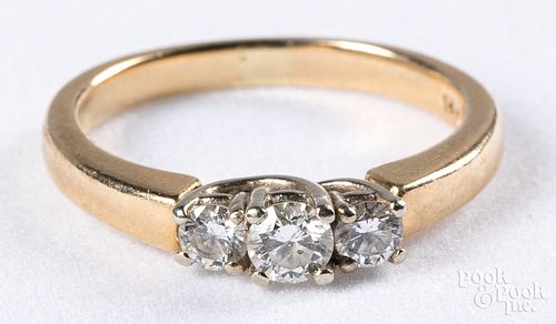 14K gold three diamond ring, size 8, 2.8dwt.