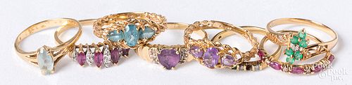 Eight 14K gold and stone rings, 10.7dwt.