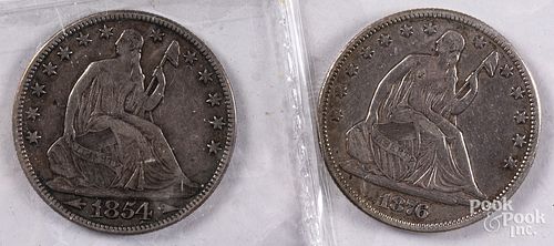 Two Seated Liberty half dollars, 1854 and 1876.