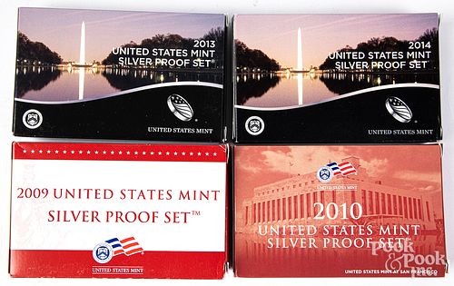 Four US Mint Silver Proof sets; 2009, 2010, etc.