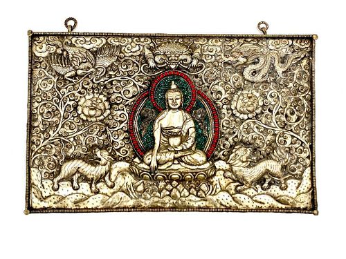 Tibetan Silver,  Turquoise and Coral Devotional Relief 