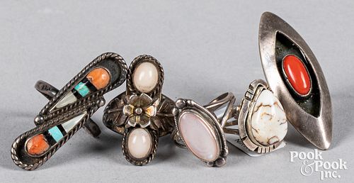 Five Navajo Indian silver rings