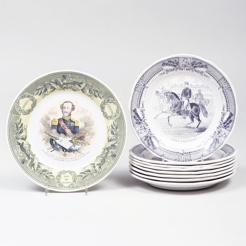 Set of Eight Sauguemines Creamware Plates with 'La Vie Militaire' and a Creil Plate with the Prince Royal