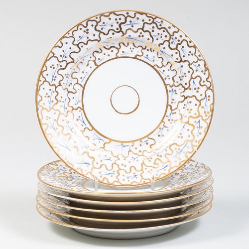 Set of Six Gilt-Decorated Porcelain Dessert Plates, Probably Paris