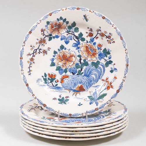 Set of Six French Faience Dinner Plates Decorated with Roosters