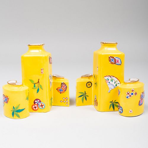 Pair of Royal Worcester Yellow Ground Porcelain Vases Decorated in the Asian Taste