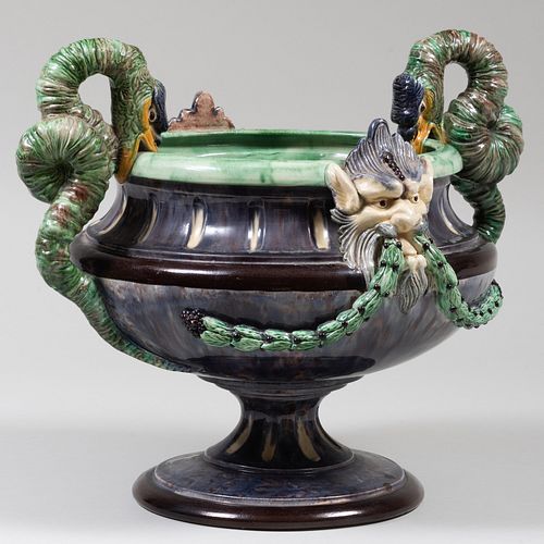 Continental Majolica Urn with Goose Head Handles