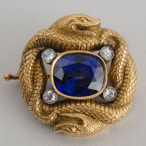 Russian 14k Gold, Sapphire and Diamond Brooch 