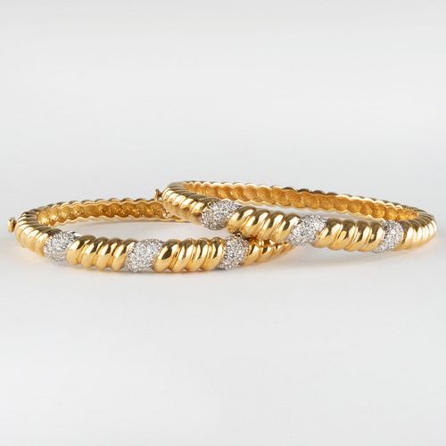 Pair of 18k Gold and Diamond Hinged Bangle Bracelets