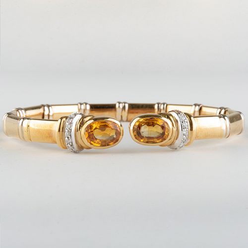 18k Gold, Yellow Sapphire and Diamond Hinged Cuff Bracelet