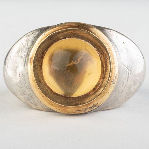 Modern Cabochon Citrine, Sterling Silver and 22k Gold Ring