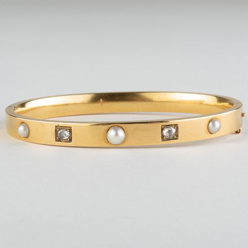14k Gold, Diamond, and Pearl Hinged Bangle Bracelet