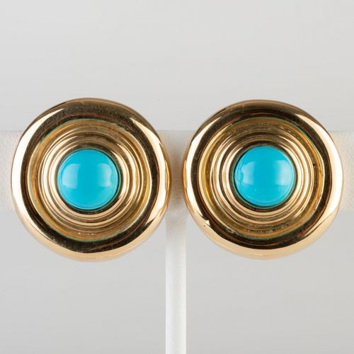 Pair of Vintage 18k Gold and Turquoise Earclips