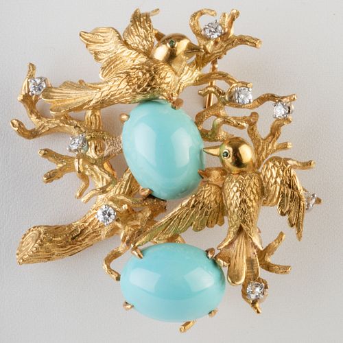 18k Gold, Diamond and Turquoise Brooch