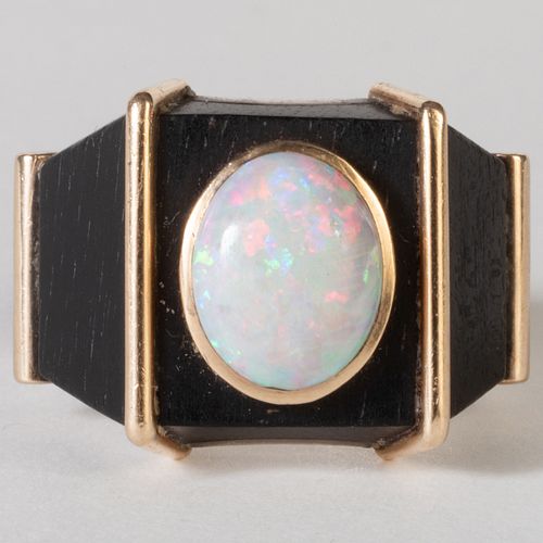 Cabochon Opal Set in a Sterling Silver, 14k Gold and Wood Ring