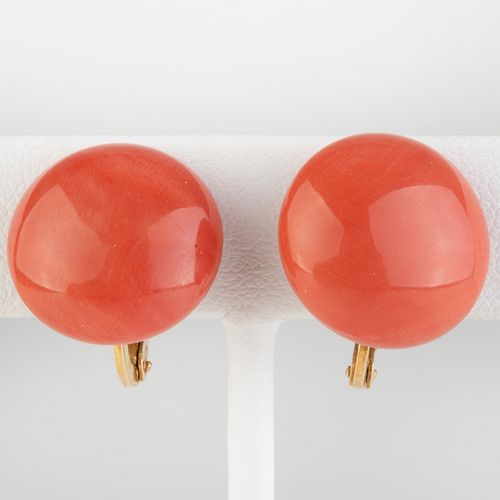 Pair of Vintage French 18k Gold and Coral Button Earclips
