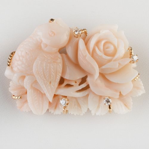 Coral and Diamond Floral Brooch
