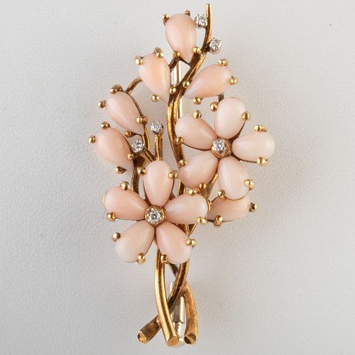 Italian 18k Gold, Angelskin Coral and Diamond Brooch