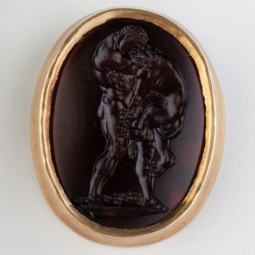 Glass Intaglio by Tassie After a Gem by Pichler Depicting Hercules and the Nemean Lion Set in a Silver and 22k Gold Brooch
