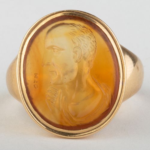 Agate Intaglio Portrait of an Old Man Set in a Gold Collectors Ring, Possibly Roman