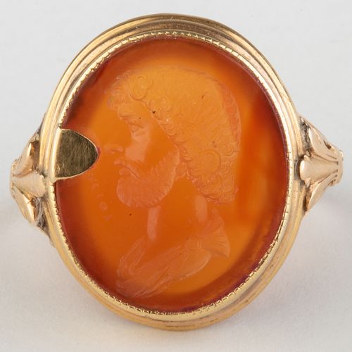 Carnelian Agate Intaglio of a Hellenistic Ruler Set in a Gold Ring