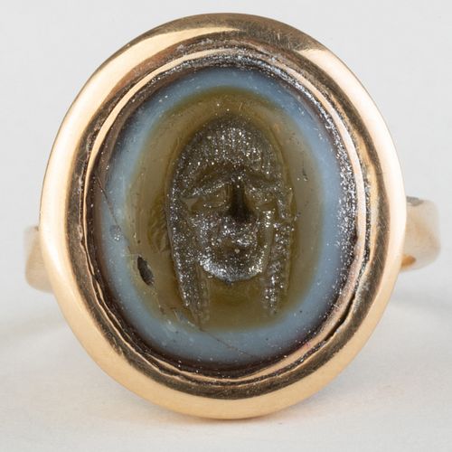 Ancient Roman Glass Intaglio of a Dionysiac Tragedy Mask Set in a Gold Collectors Ring