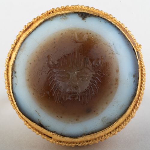 Ancient Eye Agate Intaglio of a Feline Set in a Granulated Gold Ring