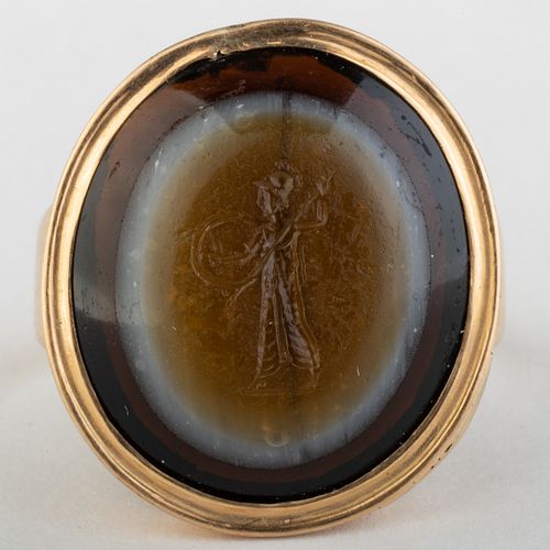 Ancient Roman Glass Intaglio of Cupid Set in a Gold Collectors Ring