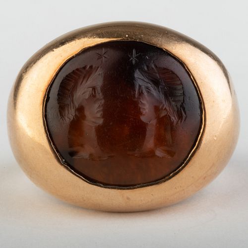 Ancient Roman Carnelian Agate Intaglio of the Divine Twins, Castor and Pollux Set in a Modern Gold Ring