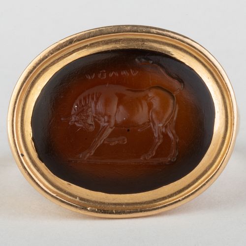 Ancient Roman Carnelian Agate Intaglio of a Bull Ring Set in a Gold Collectors Ring