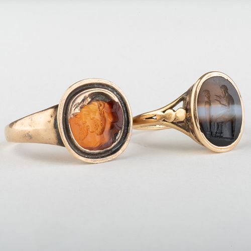 Two Ancient Roman Agate Intaglios of a Portrait of Three Men and a Man Reading a Scroll Both Set in Gold Collectors Rings