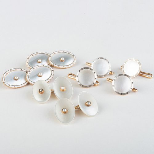 Two Pair of 14k Gold, Pearl and Mother-of-Pearl Cufflinks and Four 14k Gold, Platinum and Mother-of-Pearl Dress Buttons