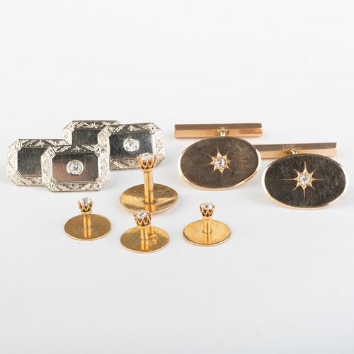 Two Pairs of Gold and Diamond Cufflinks and a Gold and Diamond Dress Buttons
