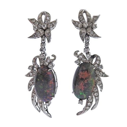Mid Century Platinum Diamond Black Opal Earrings