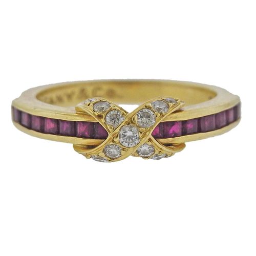 Tiffany & Co 18k Gold Diamond Ruby X Ring