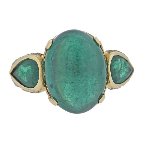 18k Gold Diamond Emerald Cabochon Ring