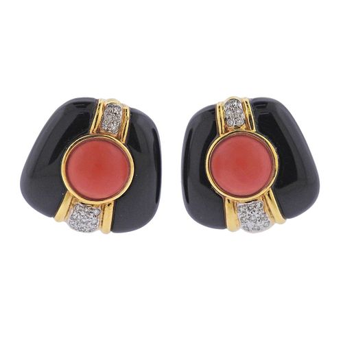 1980s 18k Gold Diamond Onyx Coral Earrings