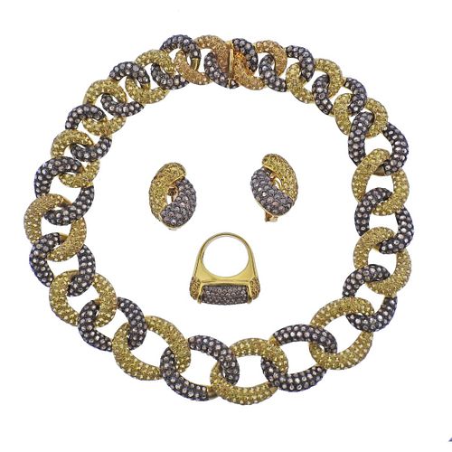 Kanaris 40.87ctw Diamond Sapphire Earrings Ring Necklace Set