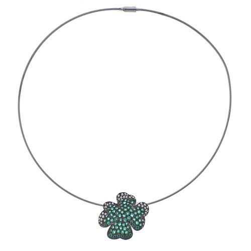 18k Gold Necklace Silver Emerald Diamond Clover Pendant