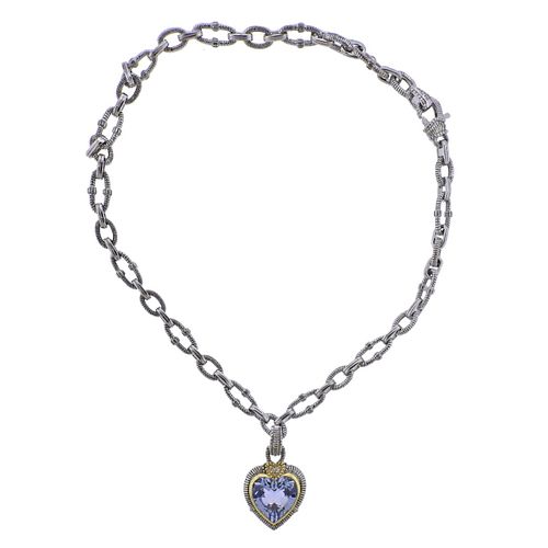 Judith Ripka Silver 18k Quartz Diamond Heart Pendant Necklace
