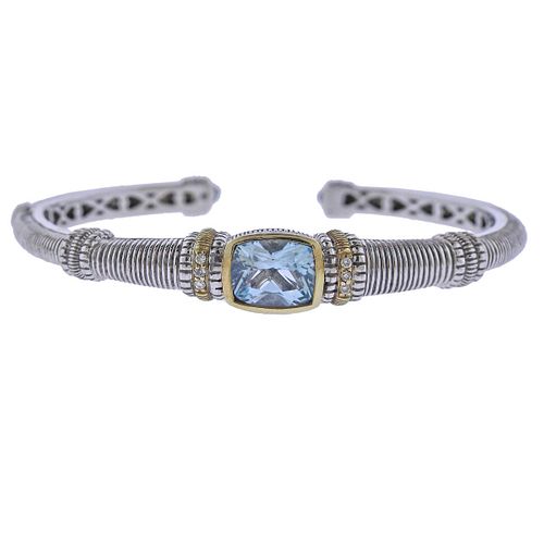 Judith Ripka 18k Gold Silver Diamond Blue Crystal Bracelet