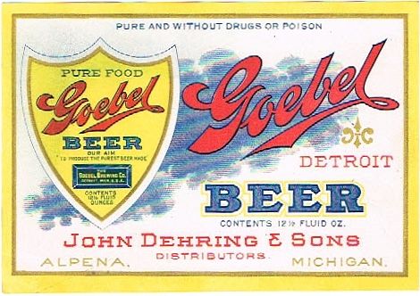 1910 Goebel Beer 12½oz Bottle Label JOhn Dehring & Sons, Alpena, Michigan