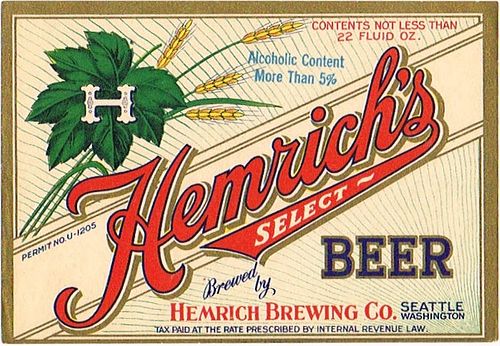 1934 Hemrich's Select Beer 22oz Label Seattle Washington WS113-22
