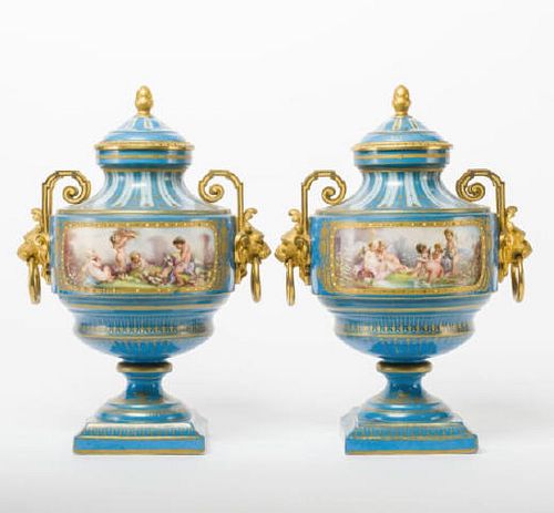 Pair Of Sèvres Style Porcelain Lidded Urns