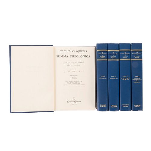 Aquinas, St. Thomas. Summa Theologica. Allen, Texas: Christian Classics, 1981. 4o. marquilla, XIX + 3057 p. en 5 volúmenes. Piezas: 5.
