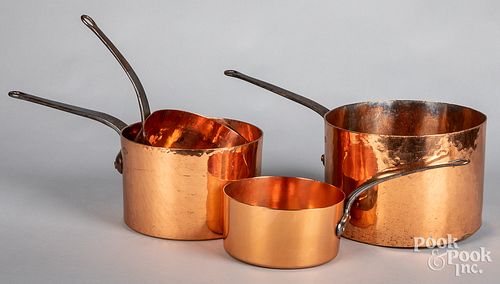 Four copper & iron cookware pots, 19th c.