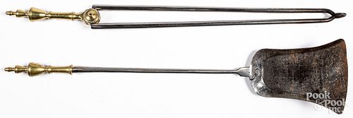 Federal brass fire tongs and shovel, ca. 1800